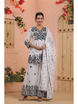 Scakhi - White Mulmul Mirror Embroidered Peplum Kurti with Sharara & Dupatta (Set of 3)