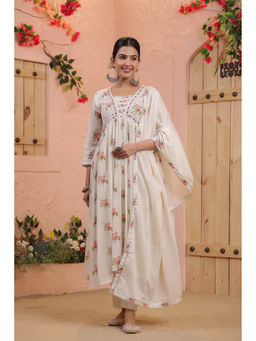 Scakhi - Cream Mulmul Rose Print Hanworked Anarkali Kurta & Pant with Dupatta (Set of 3)