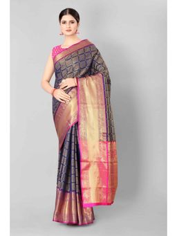 Silk Land - Women Heavy Border Weaving Work Saree with Rich Pallu Navy Blue with Unstitched