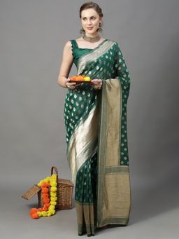 Akhilam - Womens Cotton Silk Green Woven Design Saree with Unstitched Blouse