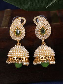 Anika's Creations - Pearl Embedded Traditional Partywear Green Jhumki Earrings