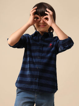 U.S. POLO ASSN. - Boys Navy Blue Horizontal Striped Pure Cotton Shirt