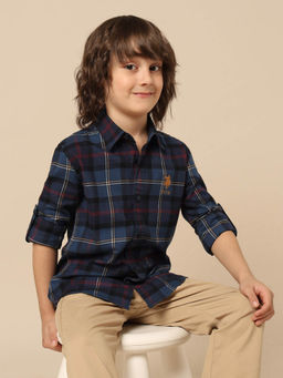 U.S. POLO ASSN. - Boys Navy Blue Checks Printed Pure Cotton Shirt