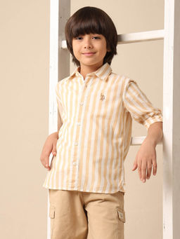 U.S. POLO ASSN. - Boys Beige Vertical Striped Regular Fit Shirt