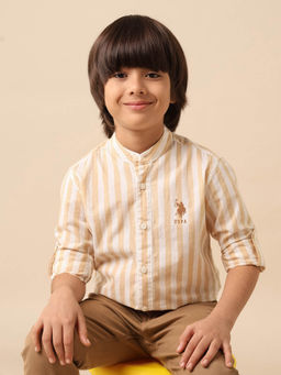 U.S. POLO ASSN. - Boys Beige Vertical Striped Mandarin Shirt