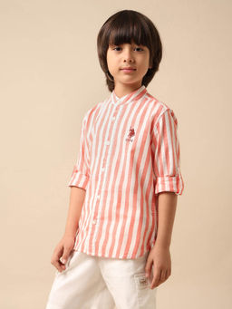 U.S. POLO ASSN. - Boys Red Vertical Striped Mandarin Shirt