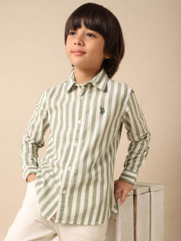 U.S. POLO ASSN. - Boys Green Vertical Striped Regular Fit Shirt