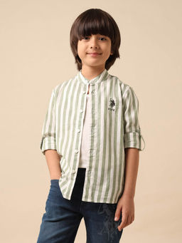 U.S. POLO ASSN. - Boys Green Vertical Striped Mandarin Shirt