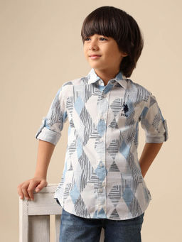 U.S. POLO ASSN. - Boys White All Over Printed Dobby Shirt