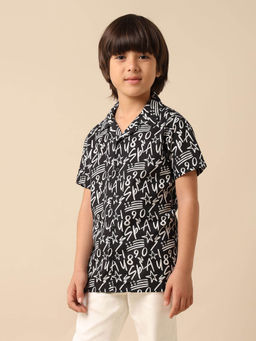 U.S. POLO ASSN. - Boys Black Typography Printed Cuban Shirt