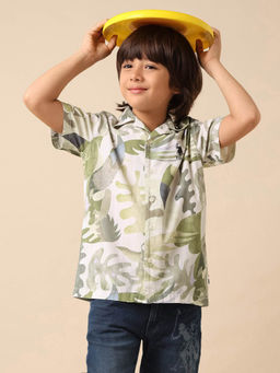 U.S. POLO ASSN. - Boys Green Tropical Printed Pure Cotton Shirt