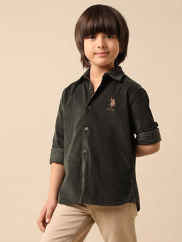 U.S. POLO ASSN. - Boys Green Solid Pure Cotton Shirt