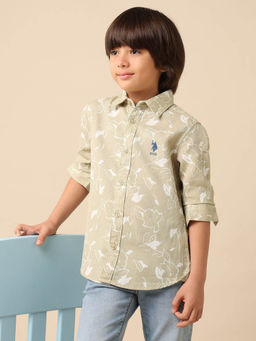 U.S. POLO ASSN. - Boys Olive Floral Printed Dobby Shirt