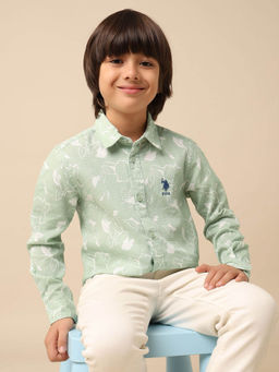 U.S. POLO ASSN. - Boys Green Floral Printed Dobby Shirt