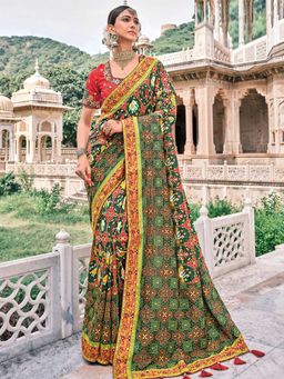 Odette - Womens Green Patola Pure Silk Saree with Unstitched Blouse
