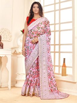 Sareemall - Women's Organza Lavender Printed Designer Saree with Unstitched Blouse