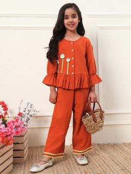 Bugandbees - Girls Tan Cotton Full Sleeves Shirt and Pant Co-Ord set