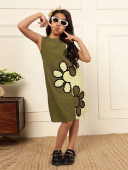 Bugandbees - Girls Olive Cotton Sleeveless Dress