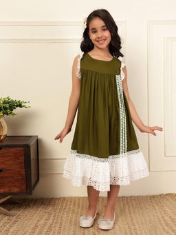 Bugandbees - Girls Olive Rayon Sleeveless Dress