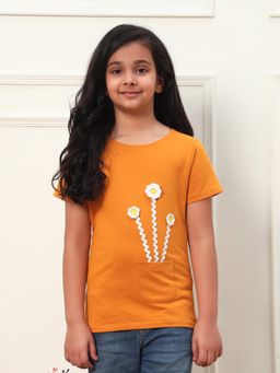 Bugandbees - Girls Mustard Knitted Half Sleeves T-Shirt
