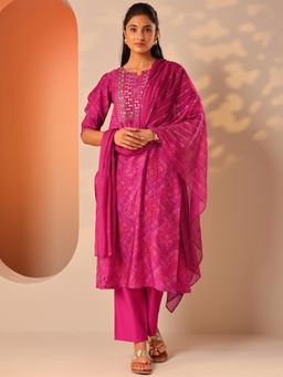 Libas - Pink Embroidered Bandhani Kurta with Pant and Dupatta