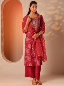 Libas - Red Embroidered Bandhani Kurta with Palazzo and Dupatta