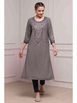 Biba - Navy Blue Polyester Straight Printed Kurta