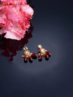 Dugran By Dugristyle - Red and Cream Drop Earring with Kundan & Pearls