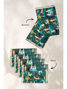 Freedom Tree - Fragrant Journey Lucid Teal Cotton Table Mats & Runner (Set Of 5)