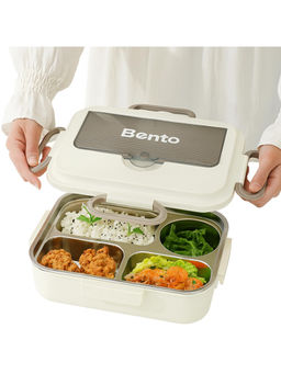 House of Quirk - Beige Stainless Steel 304 Multi Layer Lunch Box With Compartments & Utensils