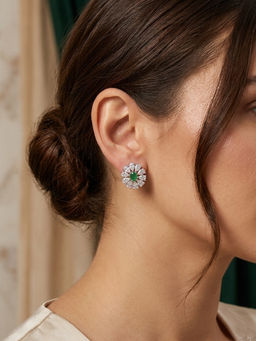 Peach Tassels - Green Stone Earrings Silver Stud with Green Gemstones