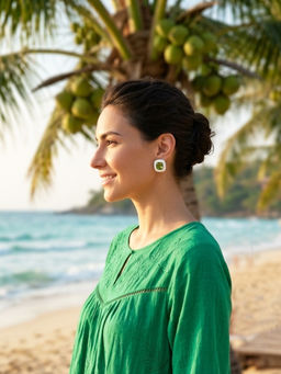 Peach Tassels - White Earrings with Green Gemstones Minimalist Mod Geometric Studs