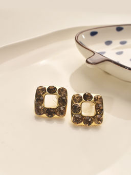 Peach Tassels - Golden with Brown Gemstones Square-Shaped Earrings