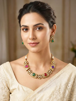 Peach Tassels - Multi-Color Traditional Kundan Golden Jewellery Set