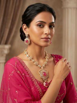 Peach Tassels - Kundan with Red Stone Ornate Golden Jewellery Set