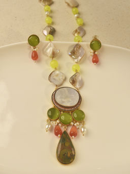 Peach Tassels - Green Stones Long Pearl and Beads Jewellery Set