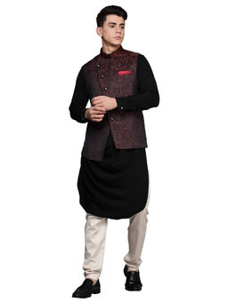 Manyavar - Mens Blended Rayon Drape Kurta Pencil Pant with Printed Jacket (Black) (Set of 3)