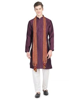 SG LEMAN - Men Wine Printed Regular Fit Kurta with Pyjama and Dupatta (Set of 3)