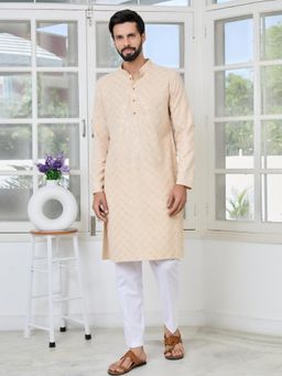 See Designs - Men Beige Embellished Regular Fit Kurta with Pyjama (Set of 2)