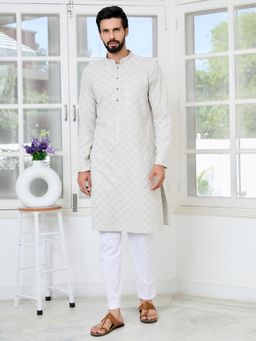 See Designs - Men Grey Embellished Regular Fit Kurta with Pyjama (Set of 2)