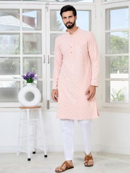 See Designs - Men Peach Embellished Regular Fit Kurta with Pyjama (Set of 2)
