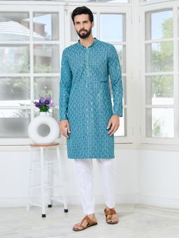 See Designs - Men Blue Embroidered Regular Fit Kurta with Pyjama (Set of 2)