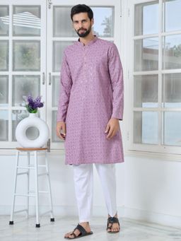 See Designs - Men Purple Embroidered Regular Fit Kurta with Pyjama (Set of 2)