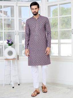 See Designs - Men Purple Embroidered Regular Fit Kurta with Pyjama (Set of 2)