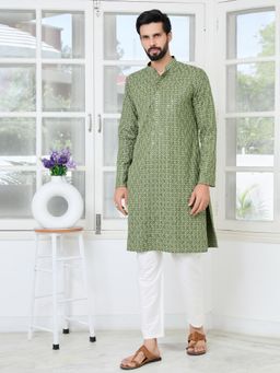 See Designs - Men Green Embroidered Regular Fit Kurta with Pyjama (Set of 2)