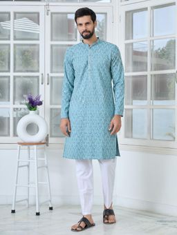 See Designs - Men Blue Embroidered Regular Fit Kurta with Pyjama (Set of 2)