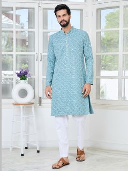 See Designs - Men Blue Embroidered Regular Fit Kurta with Pyjama (Set of 2)