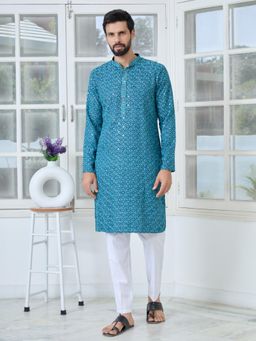 See Designs - Men Blue Embroidered Regular Fit Kurta with Pyjama (Set of 2)