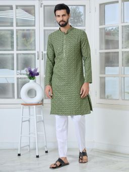 See Designs - Men Green Embroidered Regular Fit Kurta with Pyjama (Set of 2)