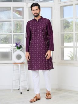 See Designs - Men Purple Embellished Regular Fit Kurta with Pyjama (Set of 2)